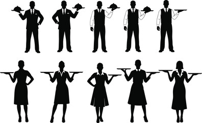 Black silhouette collection of waiters and waitresses, professional restaurant service staff holding trays, catering and hospitality industry icons set, isolated on white,