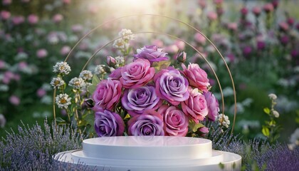 Podium background flower rose product pink 3d spring table beauty stand display nature white. Garden rose floral summer background podium cosmetic valentine easter field scene gift purple day romantic
