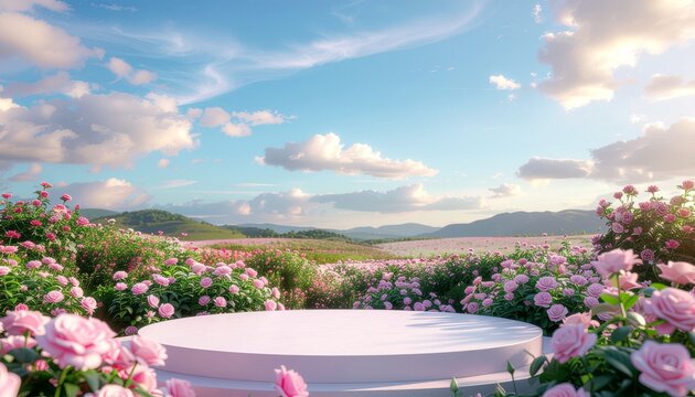 Podium background flower rose product pink 3d spring table beauty stand display nature white. Garden rose floral summer background podium cosmetic valentine easter field scene gift purple day romantic