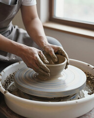 Potter Shaping Wet Clay on Wheel in Studio - Artisan Craftsmanship