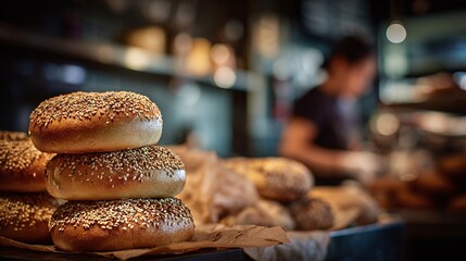 A stack of sesame seed bagels on paper. The background shows other bagels and a blurred person. They look delicious and fresh, perfect for a tasty breakfast treat or a bakery.