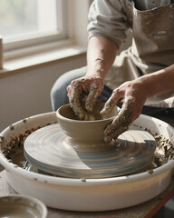 Potter Shaping Wet Clay on Wheel in Studio - Artisan Craftsmanship