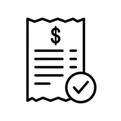 Vector illustration icon a black and white line icon of a verified invoice or receipt with a dollar sign on a