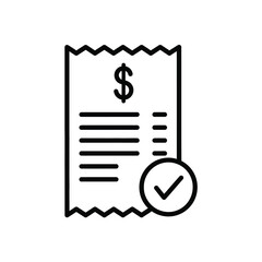 Vector illustration icon a black and white icon of a receipt with a dollar sign and a checkmark on isolated