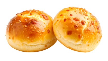 Two golden-brown baked rolls with textured surfaces, sprinkled with seeds
