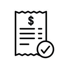 Vector illustration icon a black and white line icon of a verified invoice or receipt with a dollar sign on isolated