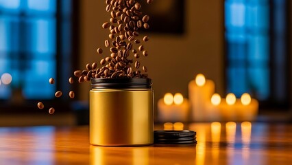 Golden coffee beans cascade into a metallic container with soft candle lights in background