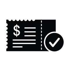 Vector illustration icon a black and white icon of a validated invoice or receipt with a checkmark on isolated