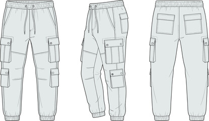 Technical fashion illustration of cargo jogger pants with utility pockets elastic waist streetwear apparel flat vector front side back views detailed modern design template