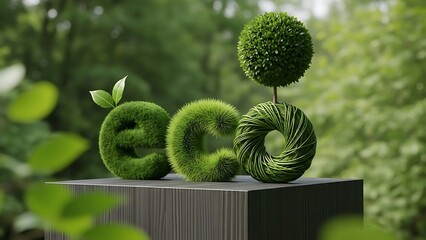 Green eco letters made of moss and plants on a wooden surface in nature