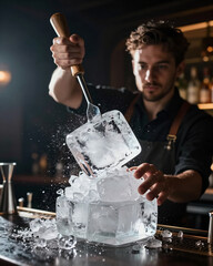 Bartender Carving Clear Ice Block with Pick - Craft Cocktail Culture