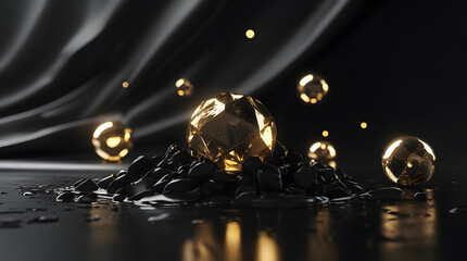 Luxury Gold Spheres on Black Satin Background &ndash; Elegant Abstract Art