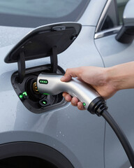 Hand Plugging Electric Vehicle Charger into Car Port - Green Energy Technology