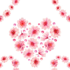 Pink floral hearts of blooming sakura flowers, shiny pearls on a white background. Watercolor seamless pattern for weddings, Valentine's Day, Mother's Day, birthdays, cards, greetings, gift wrapping