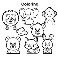 Obraz premium Cute Animal Faces Collection with Different Emotions for Kids Coloring Page