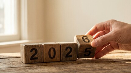 Hand turning wooden block to reveal new year date from 2025 to 2026 on rustic table with natural light from window with wooden blocks and change