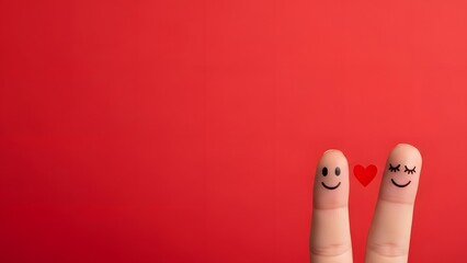 Happy valentine's day finger smiling faces on red background