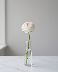 Single White Ranunculus Stem in Modern Glass Vase - Minimalist Contemporary Flower Gift