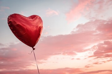 Fototapeta premium A red heart-shaped balloon floats through a blue sky with white clouds as a romantic symbol of love and nature for a Valentine's Day celebration