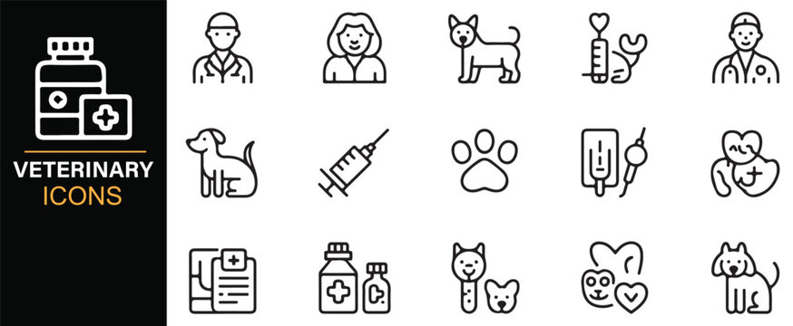 Veterinary services and pet treatment outline icons - Powered by Adobe