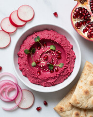 Overhead Pink Beet Hummus Bowl with Red Pomegranate - Asian Fusion Colorful Food