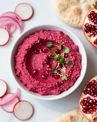 Overhead Pink Beet Hummus Bowl with Red Pomegranate - Asian Fusion Colorful Food