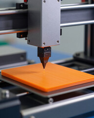 3D Printer Nozzle Creating Orange Plastic Prototype - Additive Manufacturing