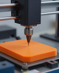 3D Printer Nozzle Creating Orange Plastic Prototype - Additive Manufacturing
