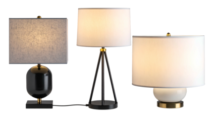 Three different table lamps with varying shades and bases, glowing against black