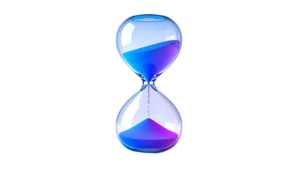 3D-rendered hourglass with blue and purple sand, isolated on a stark black background