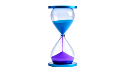 A stylized hourglass with blue and purple sand, rendered on a black background