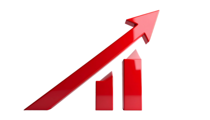 Red arrow pointing upwards over rising graph bars against black background