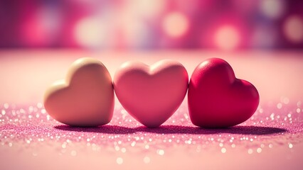 Happy valentine's day wishes with three adorable hearts on pink background