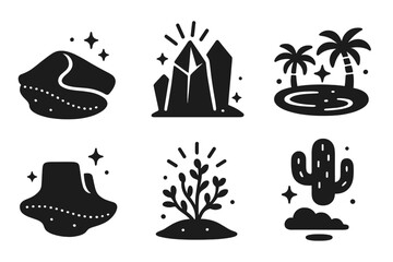 Fantasy Desert Icons. Solid style icons of fantasy cozy landscapes in : glowing sand dune, prism rock formation, radiant oasis,