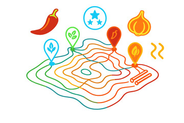Flavor Map Visualization. Isometric vector illustration set Cartography of Culinary Flavor Palettes: topographic map of spices and
