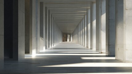 Obraz premium Infinite columned corridor in modern architectural perspective with sunlight