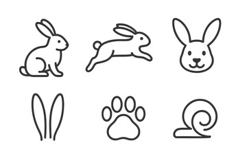 Rabbit Icon Set. Line style icons of Rabbit: sitting rabbit, jumping rabbit, rabbit face, long ears, soft paw, curved tail. No