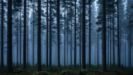 Fototapeta premium Dark Pine Forest Twilight Fog
