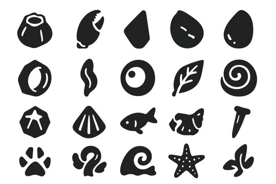 Tidepool Icon Collection. Solid style icons of Tidepool Relic: barnacle shell, crab claw, sea glass shard, smooth pebble, tide