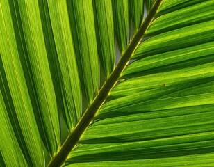 Close-up of vibrant green palm frond, sunlight illuminating veins