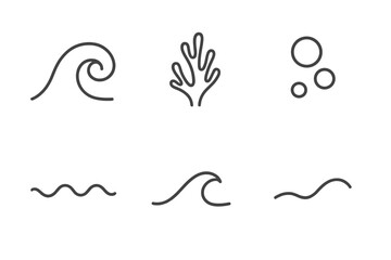 Fototapeta premium Ocean Element Icons. Line style icons of Ocean Elements: wave hint, tiny coral mark, drifting bubble, soft curve, natural flow,