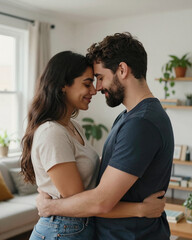 Transgender Woman and Cisgender Man Embracing at Home - Trans Inclusive Couple Portrait