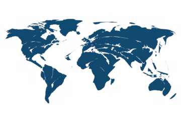 Abstract blue world map silhouette symbolizing global business, travel, and geography. Isolated illustration on a transparent background