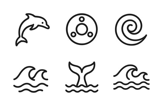 Tide Loop Icons. Line style icons of Tide Loop Motion: dolphin arc, circular toy, tide swirl, wave arcs, tail curve, surf pattern.