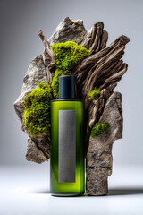   product of a green bottle with a label. In the center, there is a piece of rock with some green moss and wood on a white background.  