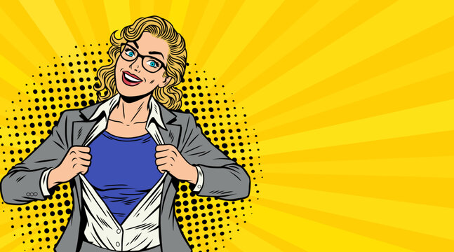 A beautiful superhero girl takes off her jacket, pop art illustration