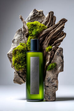   product of a green bottle with a label. In the center, there is a piece of rock with some green moss and wood on a white background.  