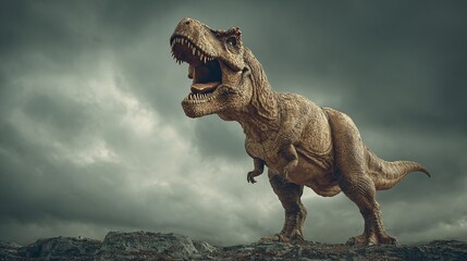 Roaring Tyrannosaurus Rex atop rocky terrain against a stormy sky. The dinosaur's textured skin and powerful stance evoke prehistoric power and ancient times.