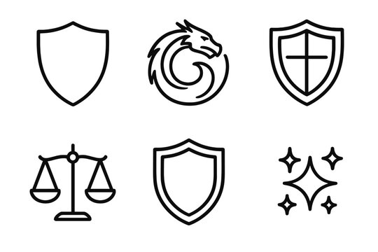 Bravecrest Guard Icons. Line style icons of Bravecrest Guard: shield form, curled dragon, courage mark, scale stroke, edge band,