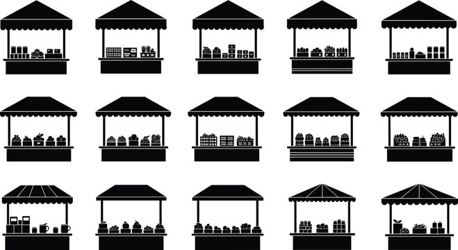 Black street market stall silhouettes collection, outdoor food vendor icons set, local farmers market illustrations, merchant booth graphics, isolated on white background vector,
